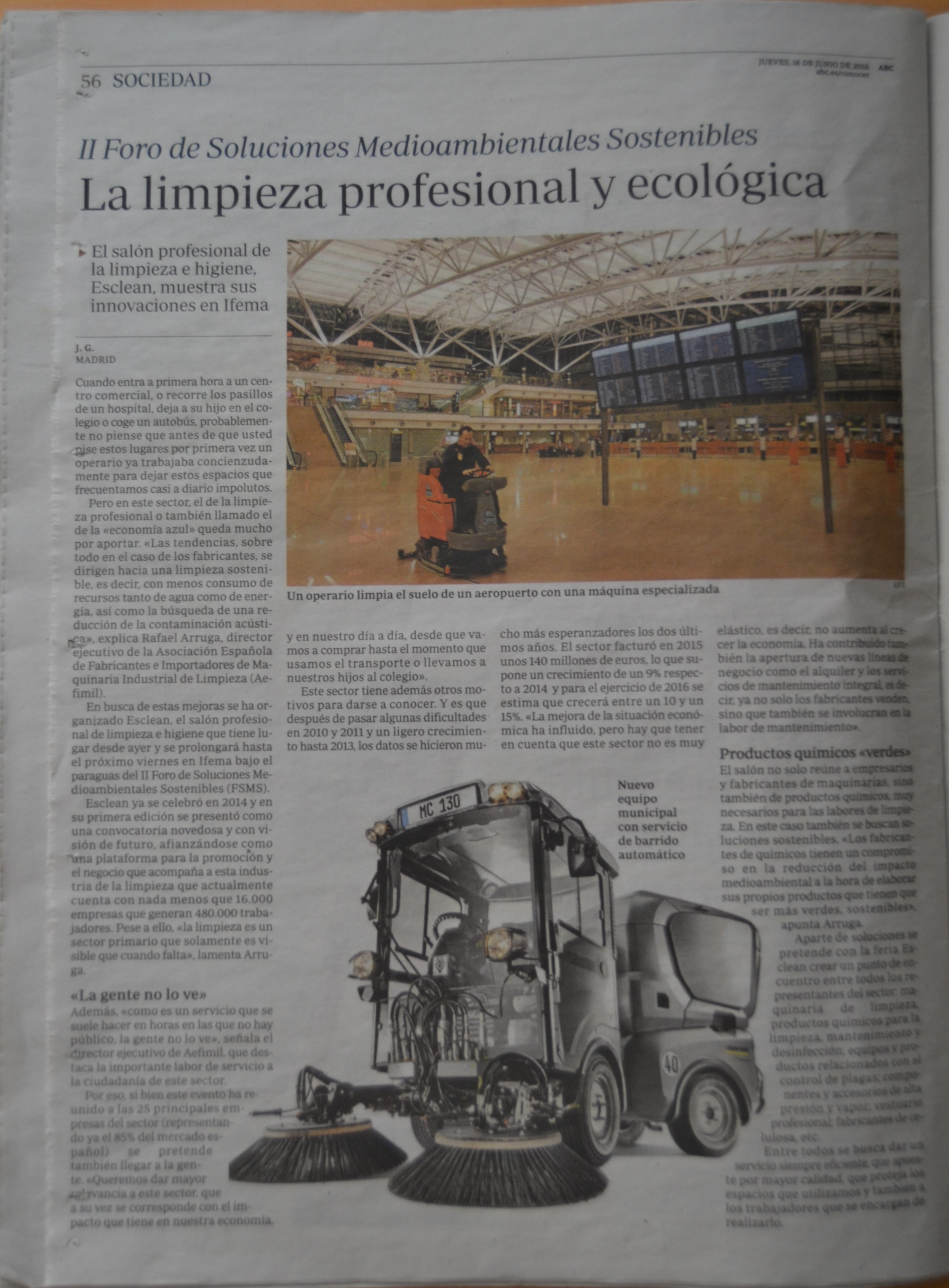 Articulo en ABC  “La limpieza profesional y ecológica” 24/6/2016